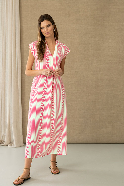 Vestido midi rayas fresa escote pico