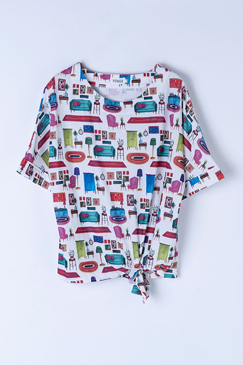 Camiseta de punto con lazo lateral y estampado de interior