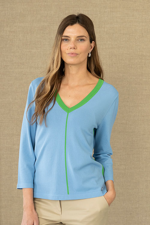 Jersey de punto fino azul con contraste en verde